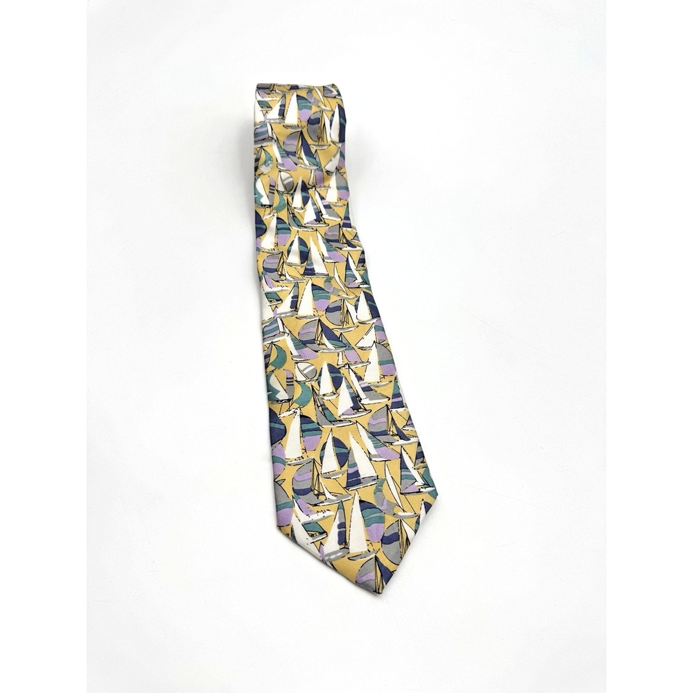 VTG Lands End Silk Tie Handsewn USA Ships Sailboat Yacht Nautical Coastal Preppy
